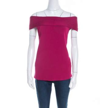 Escada Magenta Pink Rib Knit Off Shoulder Sleeveless Top M