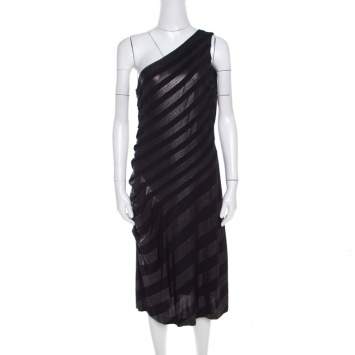 Pre Owned Escada Navy Blue Striped Foil Print Jersey Draped One Shoulder Eyline Dress L