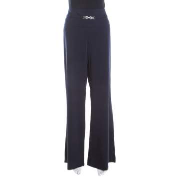 Pre Owned Escada Navy Blue Stretch Wool Crepe High Waist Wide Leg Trousers XL