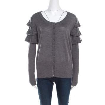 Pre Owned Escada Grey Wool and Mohair Ruffled Sleeve Detail Button Front Cardigan L