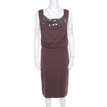 Pre Owned Escada Mauve Silk Cotton Iridescent Paillette Embellsihed Shawn Dress M