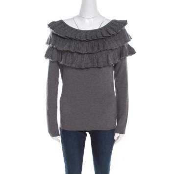 Pre Owned Escada Grey Wool and Mohair Ruffled Bodice Detail Long Sleeve Sweater L