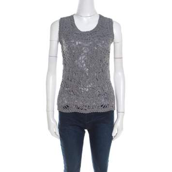 Pre Owned Escada Flannel Grey Wool Cord Embroidered Sleeveless Schulamit Top S
