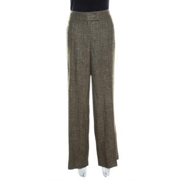 Pre Owned Escada Green Lurex Insert Wool Blend Wide Leg Hose Tailored Trousers L