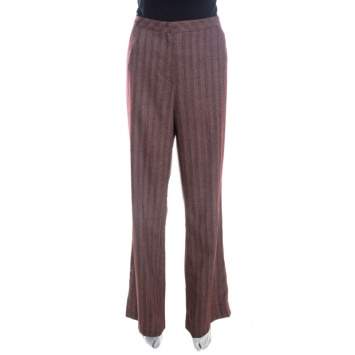 Pre Owned Escada Burgundy Herringbone Weave Wool and Silk High Waist Pants XL