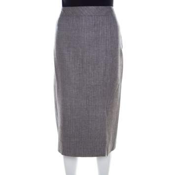 Pre Owned Escada Grey Linen and Wool Blend Front Slit Detail Pencil Skirt L 