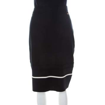 Pre Owned Escada Black Contrast Striped Wool Pencil Skirt L 