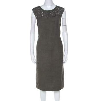 Pre Owned Escada Olive Green Tweed Embellished Delrose Sleeveless Dress M