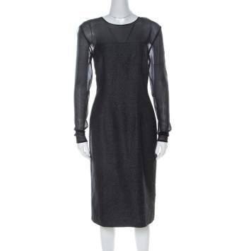 Pre Owned Escada Metallic Grey Wool Blend Sheer Yoke Dariello Pencil Dress L