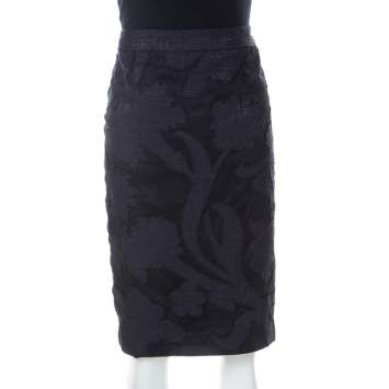 Pre Owned Escada Navy Blue Floral Applique Silk Jacquard Pencil Skirt L 