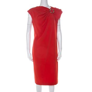Pre Owned Escada Melon Red Crepe Gathered Fabric O-Ring Detail Cap Sleeve Dress M