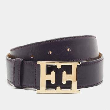 Pre Owned Escada Plum Leather E Logo Buckle Belt 85CM
