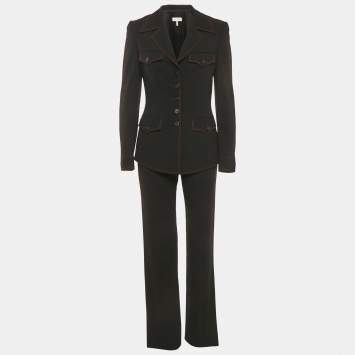 Escada Black & Red Trim Wool Belted Pant Suit S 