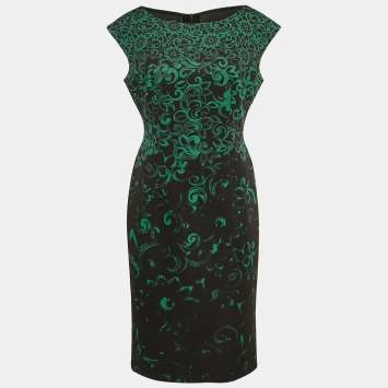 Pre Owned Escada Black/Green Floral Print Neoprene Midi Dress L