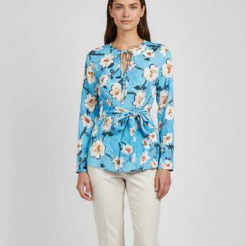 Pre Owned Escada Blue Printed Stretch Crepe Long Sleeve Niyari Blouse M 