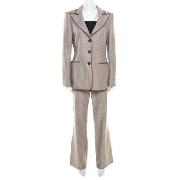 Pre Owned Escada Brown Textured Cotton and Silk Blend Tailored Pant Suit M