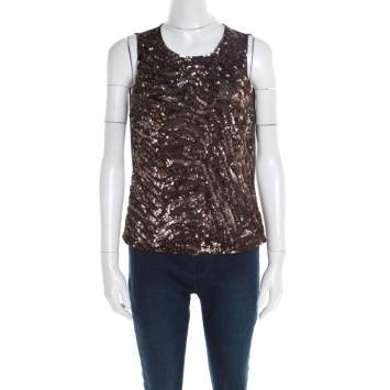 Pre Owned Escada Brown Sequin Embellished Nylon Mesh Sleeveless Top L