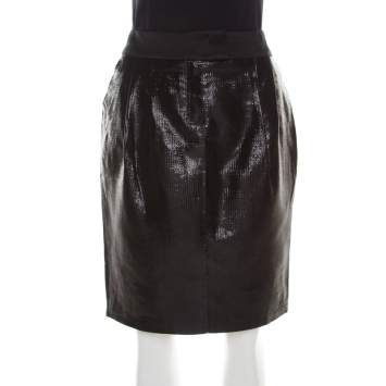 Pre Owned Escada Metallic Black Satin Trim Tailored Skirt M