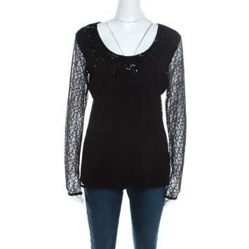 Pre Owned Escada Black Lace Overlay Jersey Crystal Embellished Scoop Neck Erbrou Top M