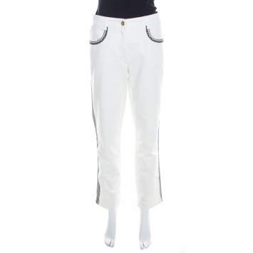 Pre Owned Escada White Contrast Embroidered Denim Straight Fit Jeans L