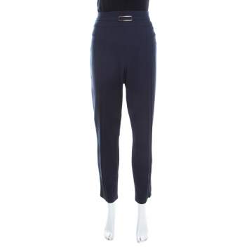 Pre Owned Escada Navy Blue Jersey Logo Buckle Detail Tanessa Tapered Pants XL