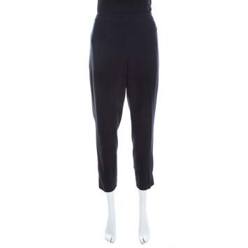 Pre Owned Escada Navy Blue Stretch Wool Crepe High Waist Cropped Tsava Trousers M