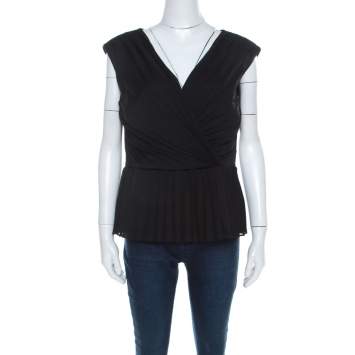Pre Owned Escada Black Crepe Sleeveless Pleated Peplum Blouse L