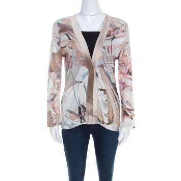 Pre Owned Escada Feather Brown Abstract Print Knit Button Front Soad Cardigan S