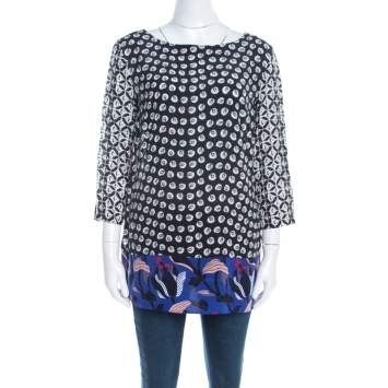 Pre Owned Escada Black Rose Motif Print Silk Contrast Panel Narayanin Tunic Blouse M