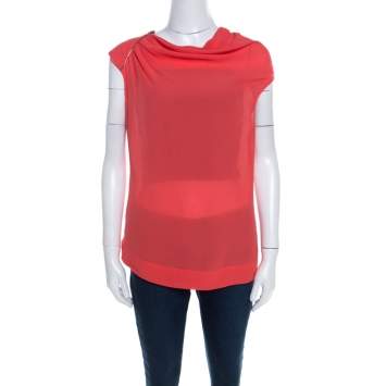 Pre Owned Escada Coral Orange Silk Embellished Cowl Neck Sleeveless Neslisah Top M