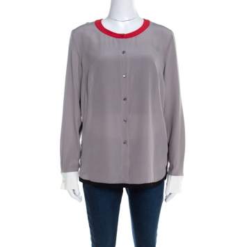 Pre Owned Escada Pewter Grey Silk Contrast Trim Long Sleeve Nendi Blouse M