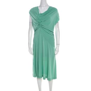 Pre Owned Escada Aqua Green Knit Ruched Draped Front Sleeveless Dress L