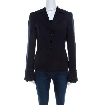 Pre Owned Escada Navy Blue Crepe Wool Embroidered Cuff Trim Button Front Blazer M