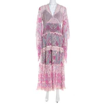 Pre Owned Escada Pink Abstract Print Crepe Silk Bead Embellished Kleid Maxi Dress M