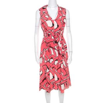 Pre Owned Escada Pink and White Abstract Print Silk Sleeveless Tie Up Dress M