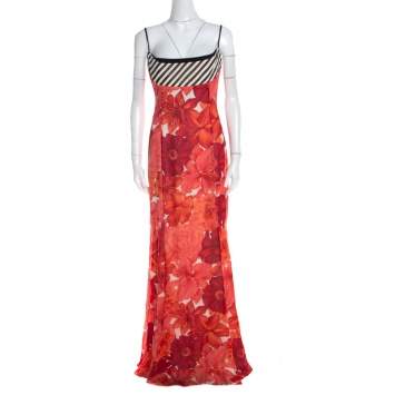 Pre Owned Escada Pink Floral Print Silk Corset Bodice Flared Abendkleid Maxi Dress M