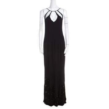 Pre Owned Escada Black Crepe Silk Sequin Embellished Fringed Hem Evening Dress M