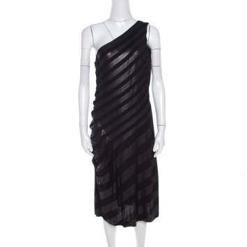 Pre Owned Escada Navy Blue Striped Foil Print Jersey Draped One Shoulder Eyline Dress M