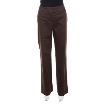 Pre Owned Escada Brown Stretch Cotton High Waist Straight leg Trousers M 