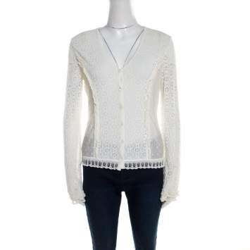 Pre Owned Escada Off White Multi Lace Paneled Long Sleeve Cardigan M