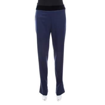 Pre Owned Escada Blue Stretch Wool Gabardine Velvet Trim High Waist Trousers M