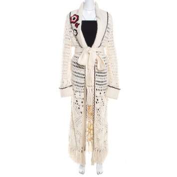 Pre Owned Escada Cream Crochet Knit Floral Applique Scalloped Tassel Edge Long Cardigan L