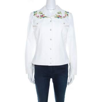 مملوكة مسبقًا Escada White Denim Floral Embroidered Jacket M 