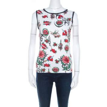Escada White True Love Print Cotton Sleeveless Top M