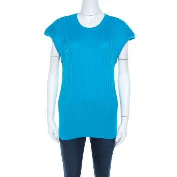 Escada Blue Cotton Ribbed Knit Crew Neck Top L