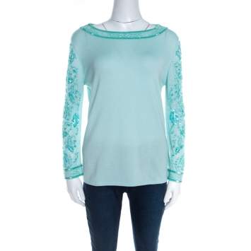 Pre Owned Escada Mint Green Knit Embellished Long Sleeve Top L 
