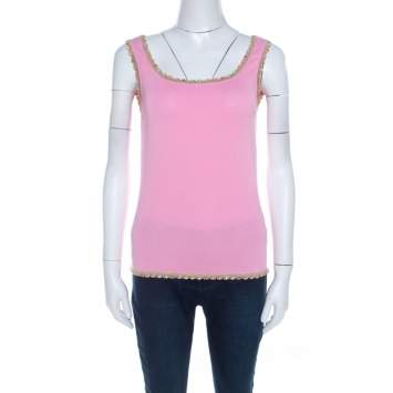 Escada Baby Pink Stretch Knit Sequined Lace Trim Sleeveless Top M
