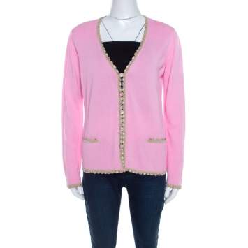 Pre Owned Escada Pink Knit Sequined Lace Trim Button Front Cardigan M  