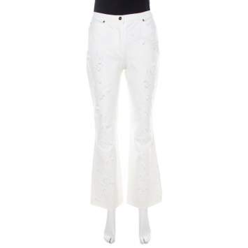 Pre Owned Escada White Cotton Denim Sequined Rosette Applique Flared Jeans M