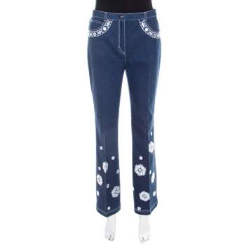 Pre Owned Escada Dark Blue Cotton Stretch Denim Embroidered Floral Motif Flared Jeans M 